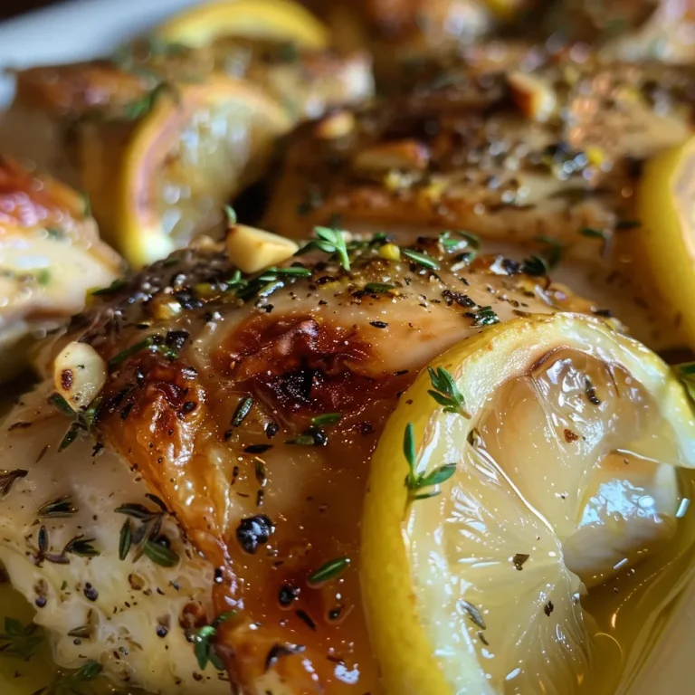 Close-up of juicy Lemon Garlic Baked Chicken Breast with herbs.