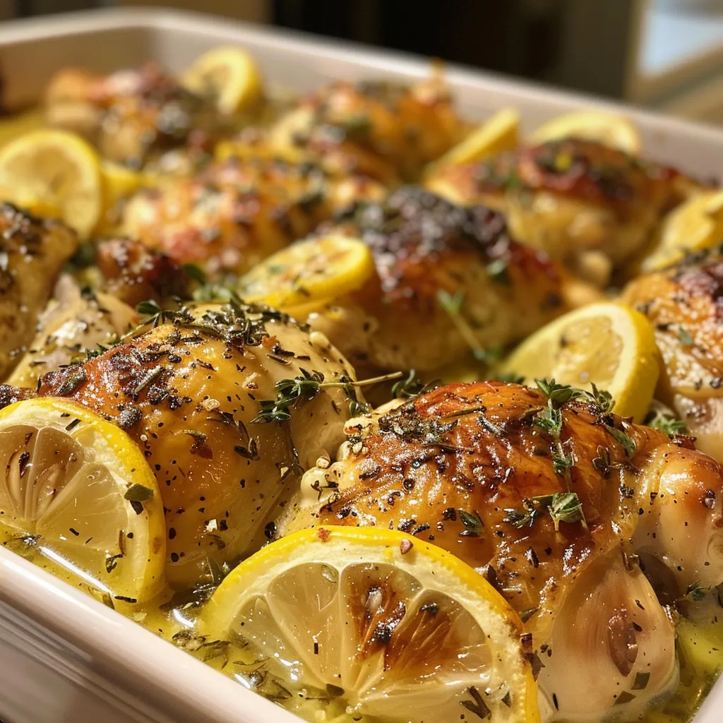 Side view of baked chicken breast marinated in lemon and garlic.
