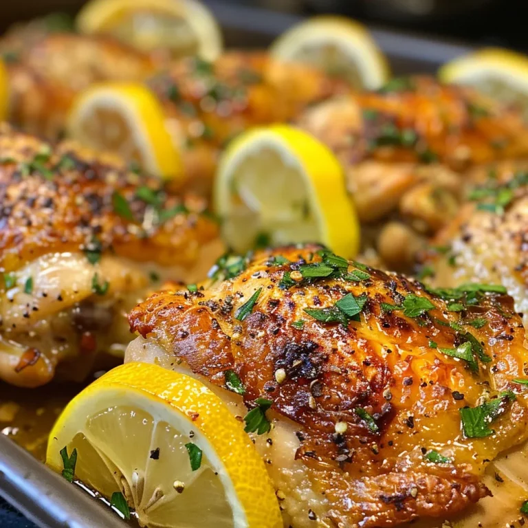 Juicy lemon garlic chicken thighs garnished with fresh parsley.