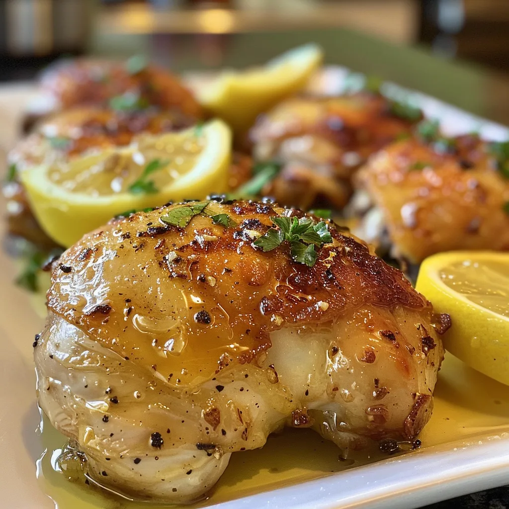 Side view of cooked chicken thighs with lemon and garlic seasoning.