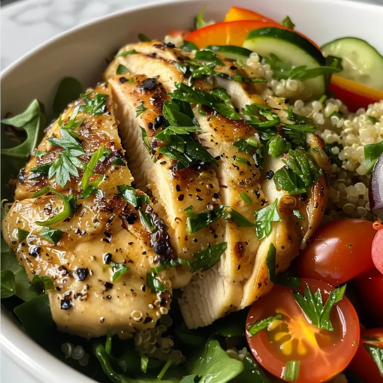 Close-up of a vibrant Lemon Herb Chicken Quinoa Bowl with colorful vegetables.