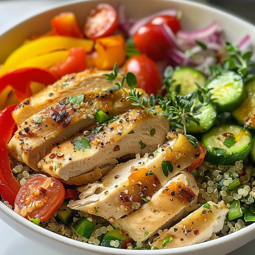 Juicy lemon herb chicken atop a quinoa bowl filled with fresh veggies.