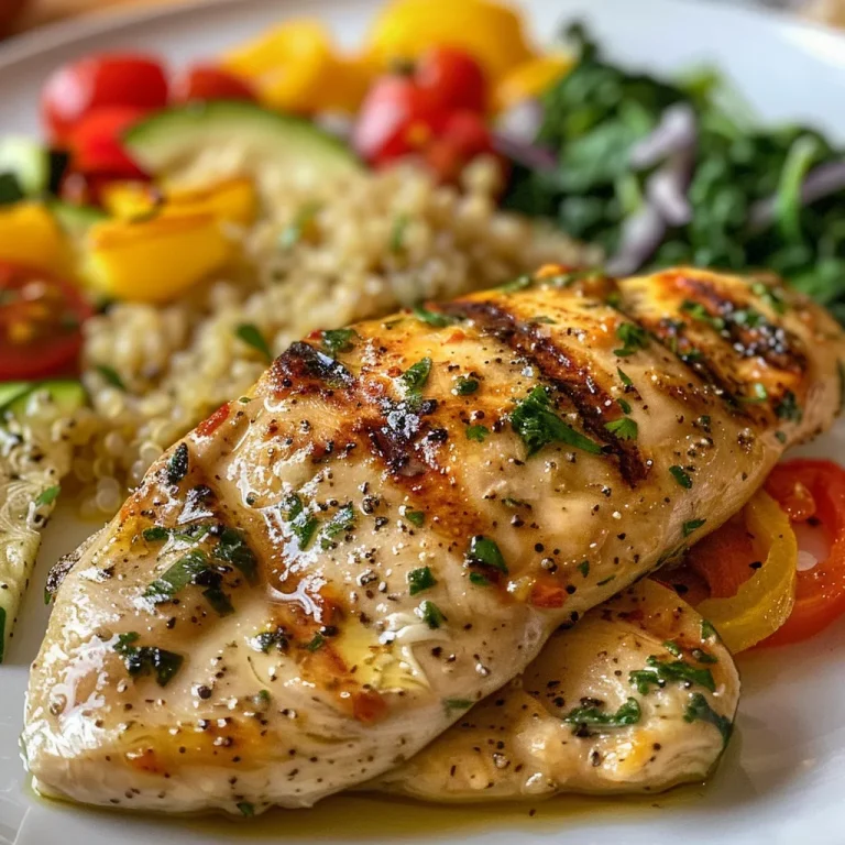 Juicy lemon herb chicken served on a colorful quinoa veggie bowl.