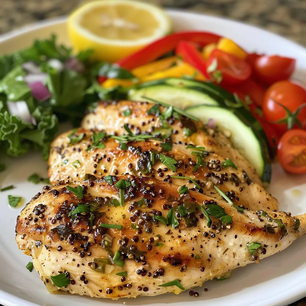 Close-up view of sliced lemon herb chicken atop a vibrant quinoa and vegetable mix.