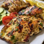 Juicy Lemon Herb Grilled Chicken served on a plate with couscous and vegetables.