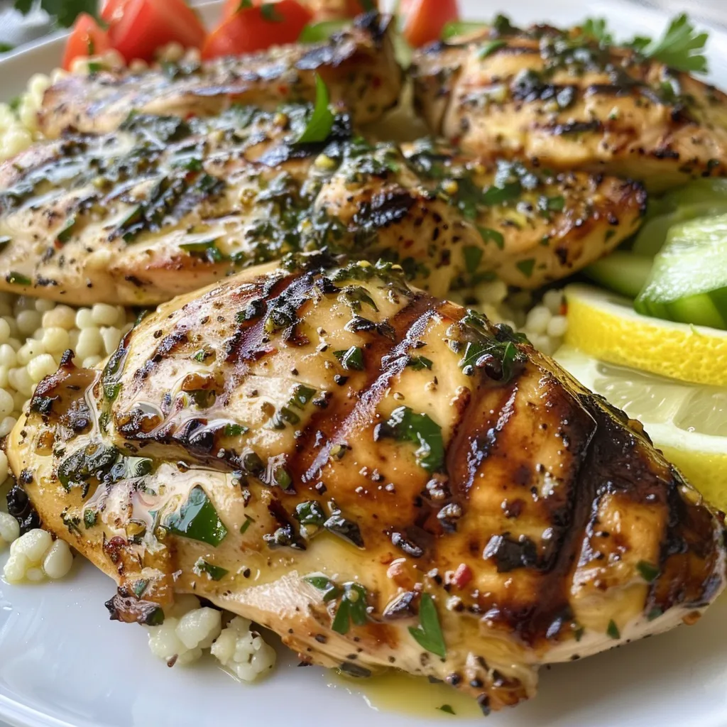 Close-up of grilled chicken marinated in lemon herbs next to a serving of couscous.
