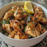 Close-up of a Lemon Pepper Chicken Bowl topped with creamy sauce and herbs.