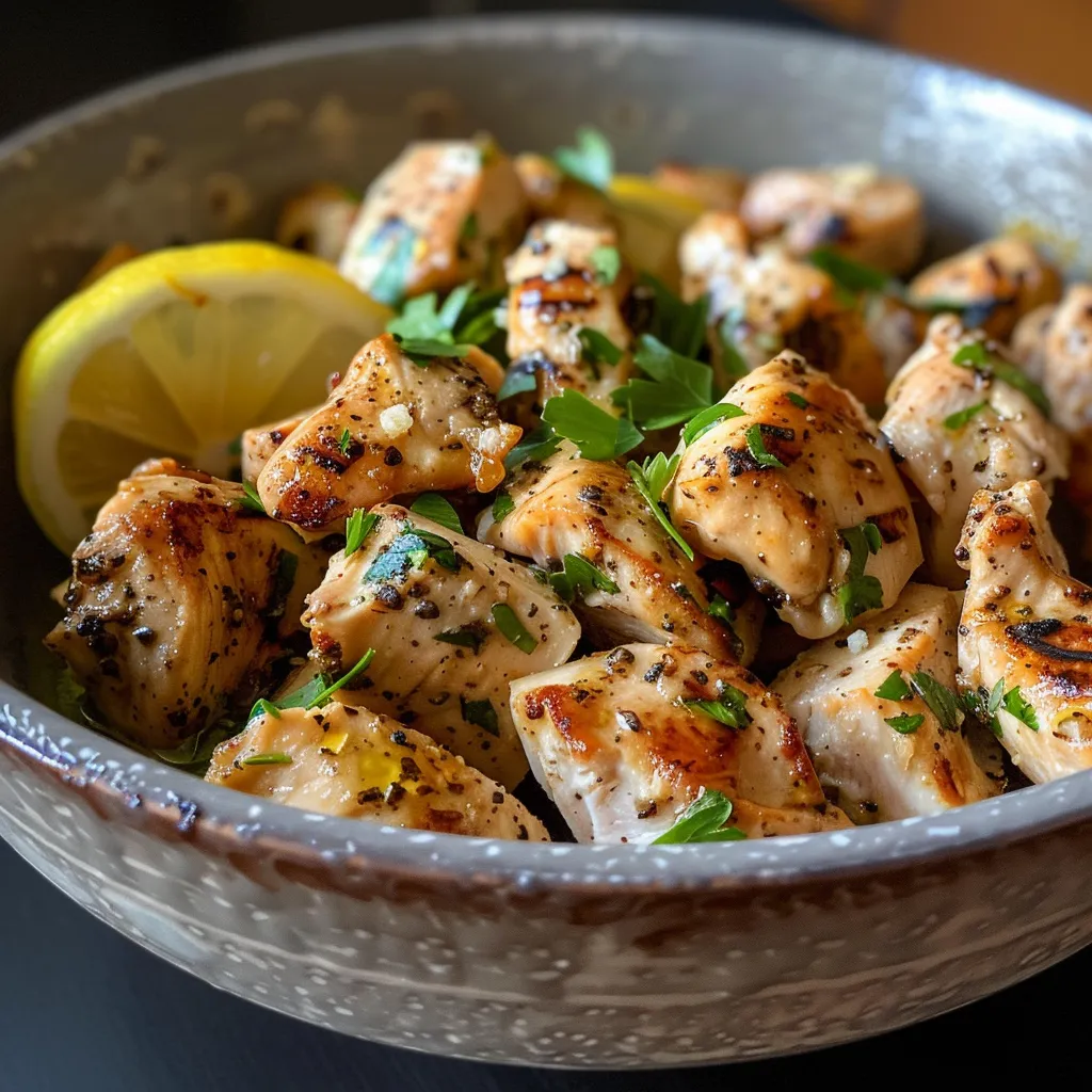 Side view of a colorful Lemon Pepper Chicken Bowl with lemon slices and fresh dill.