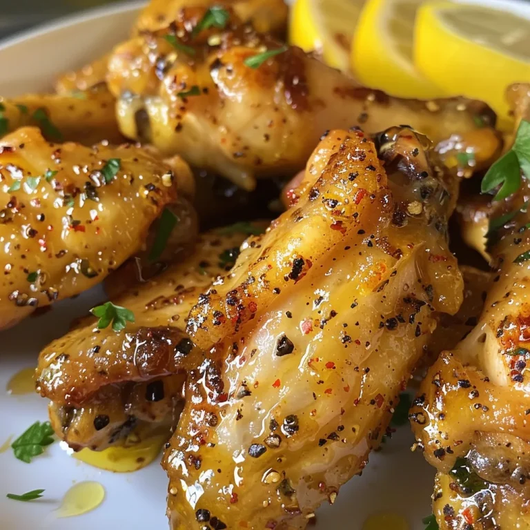 Close-up view of golden-brown lemon pepper wings drizzled with honey.