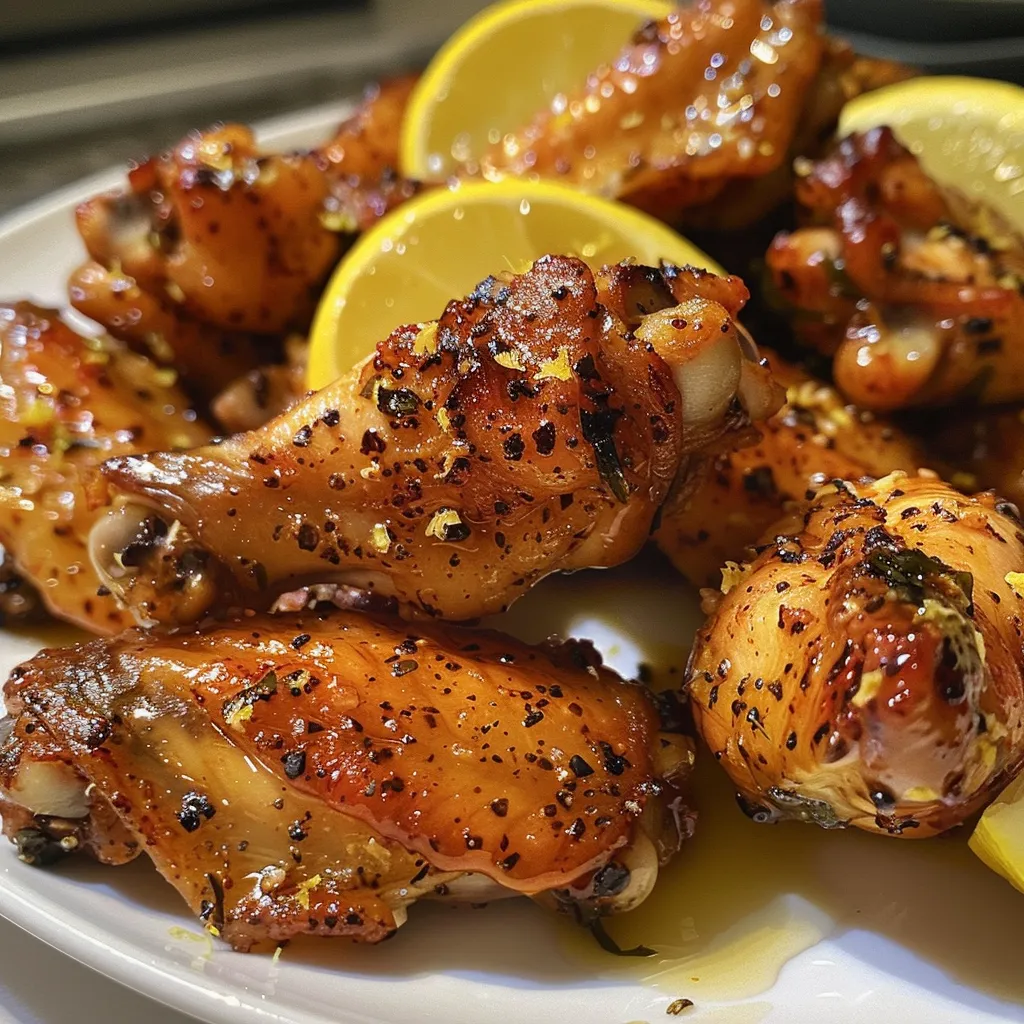 Juicy chicken wings coated in lemon pepper seasoning and honey, with lemon wedges.