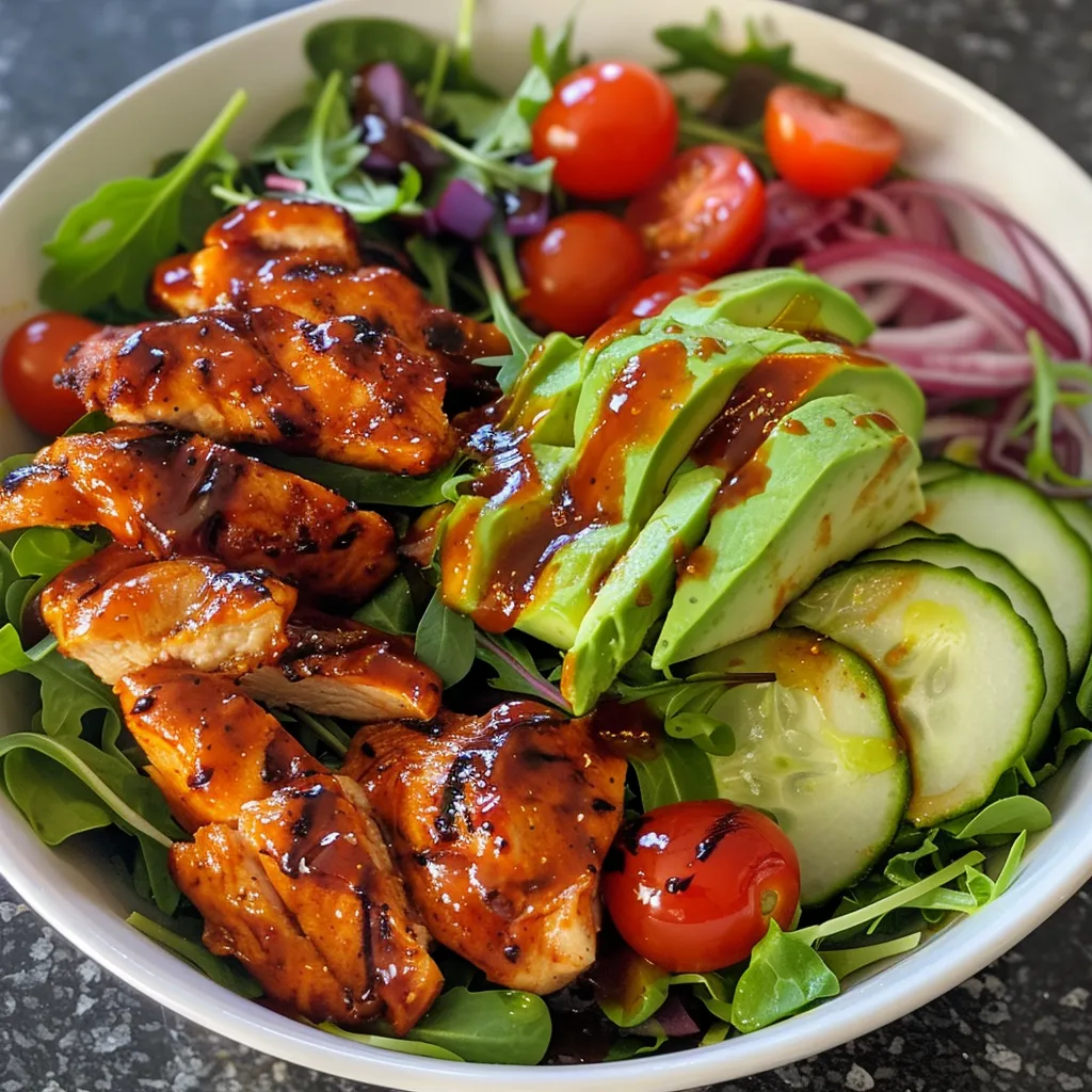 A side view of a low carb BBQ chicken bowl filled with diced avocado, cherry tomatoes, cucumbers, and mixed greens.