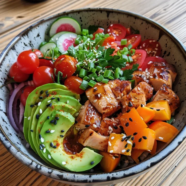 A healthy low carb bowl featuring chicken, cauliflower rice, and assorted colorful vegetables.