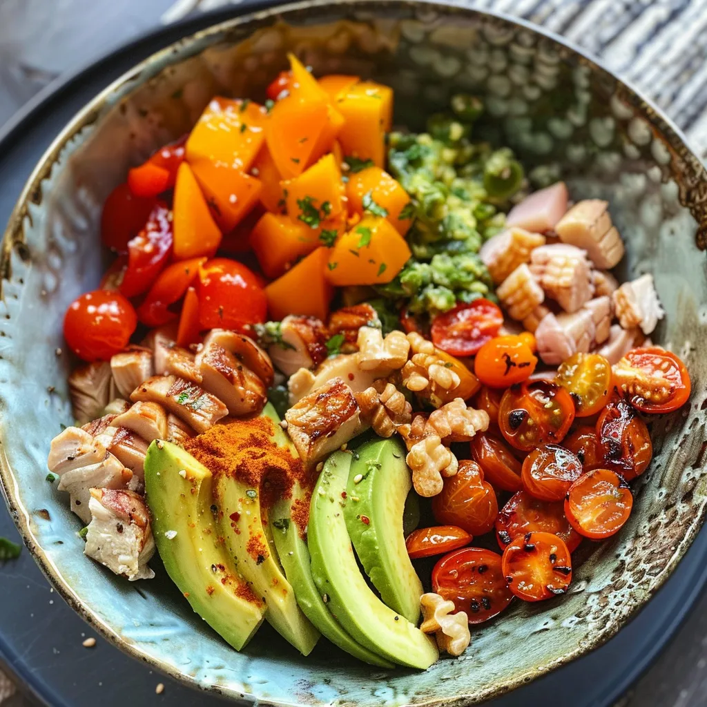 Side view of a low carb bowl filled with grilled chicken, fresh vegetables, and avocado slices.
