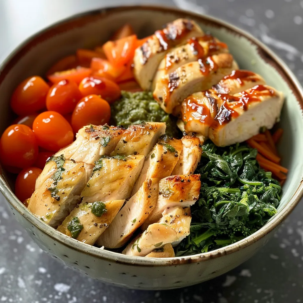 A vibrant chicken bowl featuring diced chicken, broccoli, and cherry tomatoes on a bed of cauliflower rice.