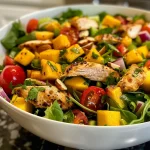 Close-up view of a vibrant Mango Chicken Salad featuring grilled chicken, diced mango, and mixed greens.