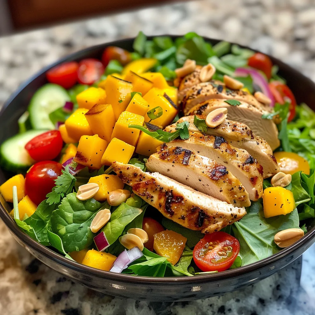 Juicy Mango Chicken Salad with cherry tomatoes, red onion, and colorful bell peppers, presented in a bowl.