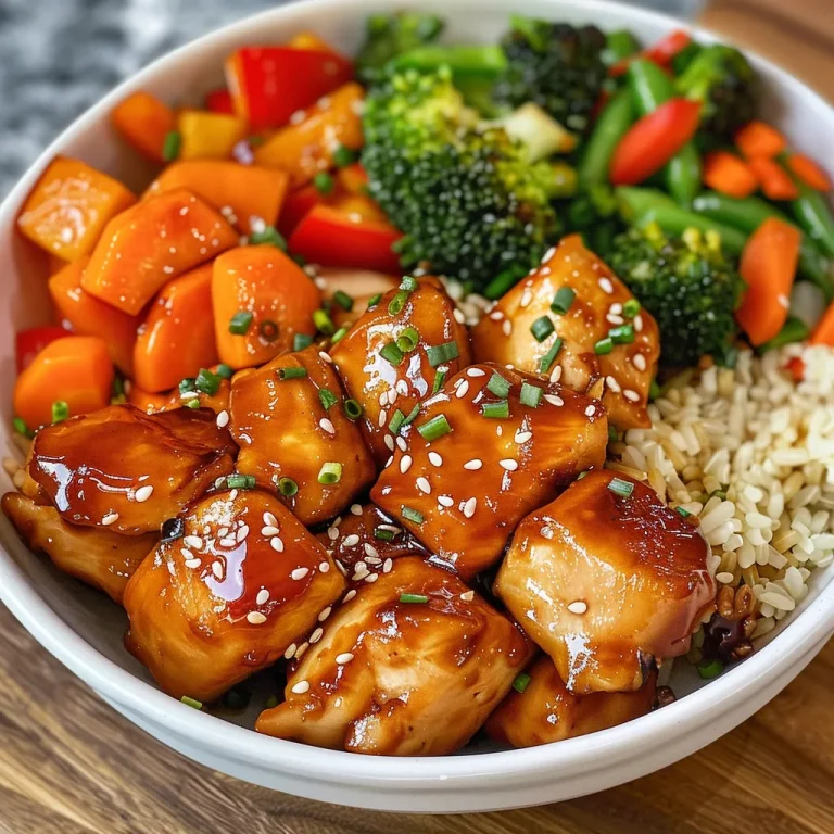 A close-up view of a vibrant and colorful Meal Prep Teriyaki Chicken Bowl with diced chicken, stir-fry vegetables, and brown rice.