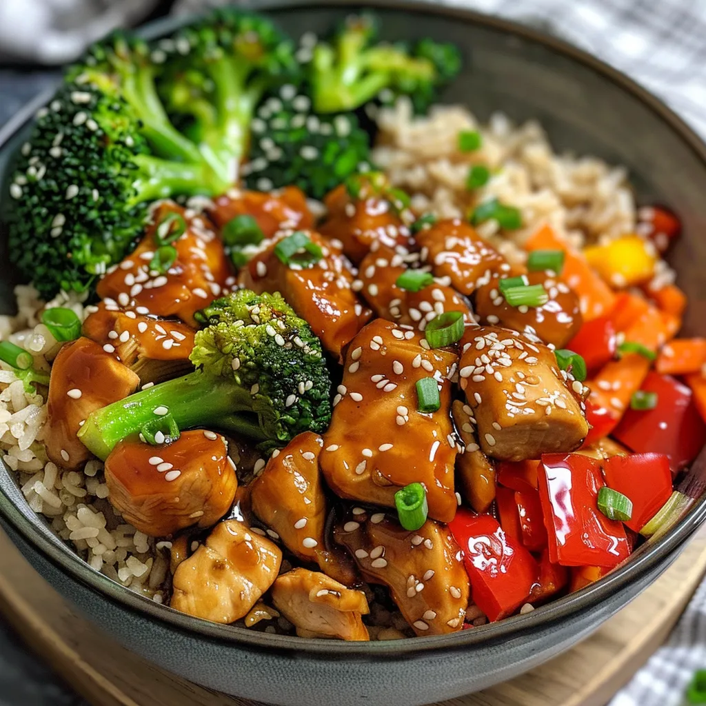 Juicy Meal Prep Teriyaki Chicken Bowls featuring chicken, broccoli, bell peppers, and a drizzle of teriyaki sauce in a clear container.