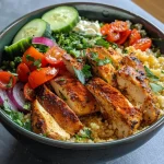 Close-up view of a Mediterranean Chicken Couscous Bowl with colorful vegetables and chicken chunks.