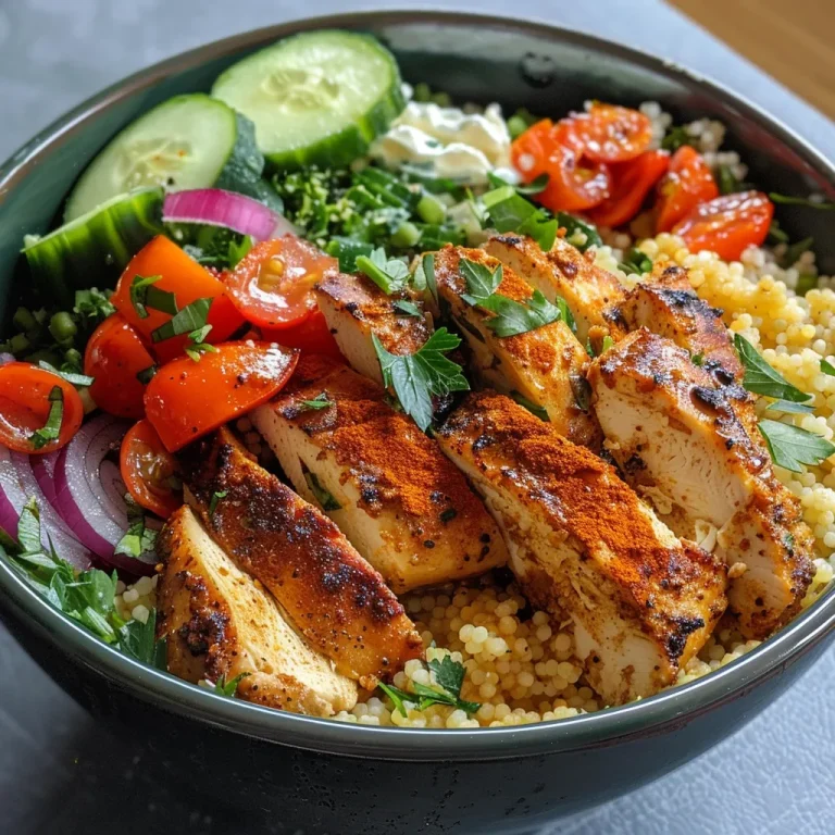 Close-up view of a Mediterranean Chicken Couscous Bowl with colorful vegetables and chicken chunks.