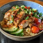 A close-up side view of a Mediterranean Chicken Couscous Bowl featuring vibrant ingredients.