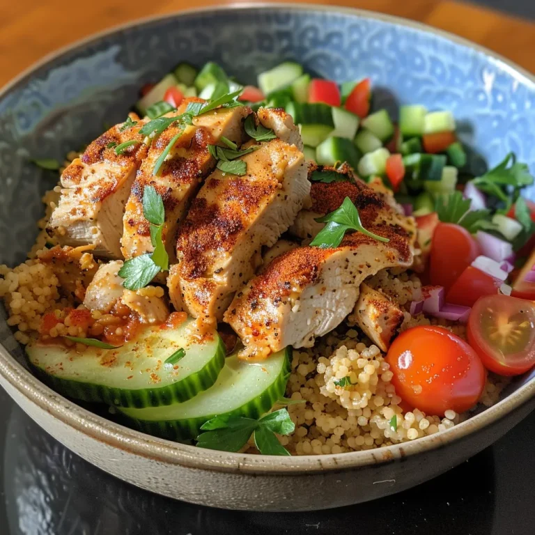 A close-up side view of a Mediterranean Chicken Couscous Bowl featuring vibrant ingredients.