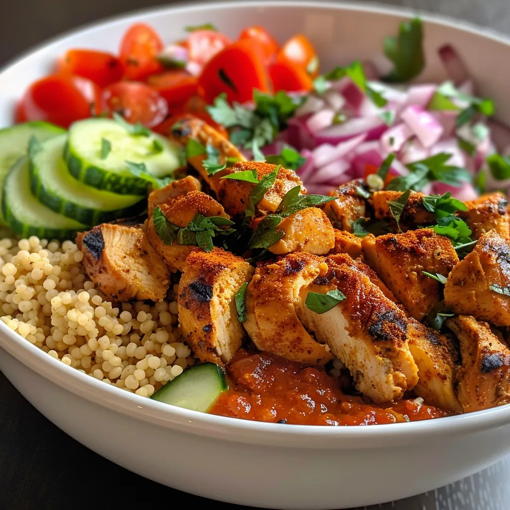 A vibrant Mediterranean Chicken Couscous Bowl featuring cucumbers, cherry tomatoes, and Greek yogurt.