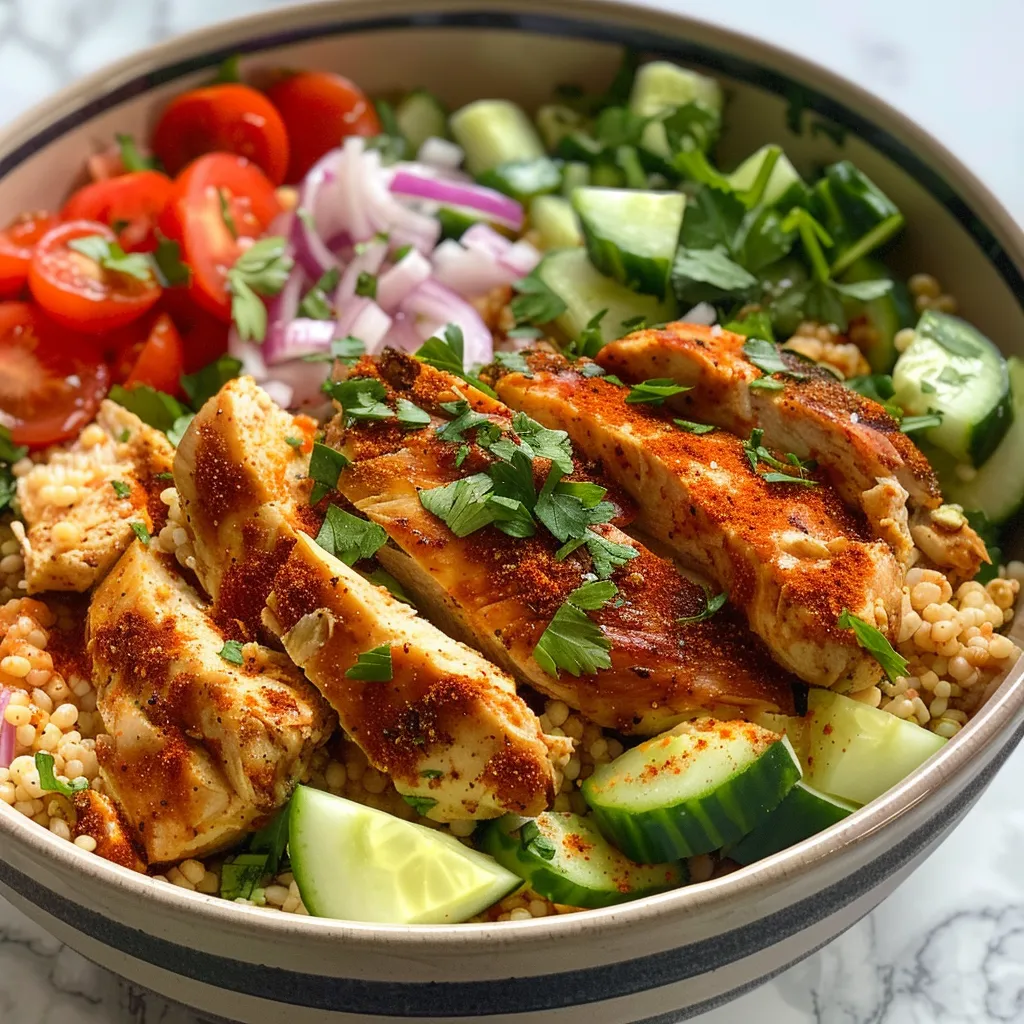 A colorful Mediterranean Chicken Couscous Bowl with diced cucumbers, cherry tomatoes, and grilled chicken.