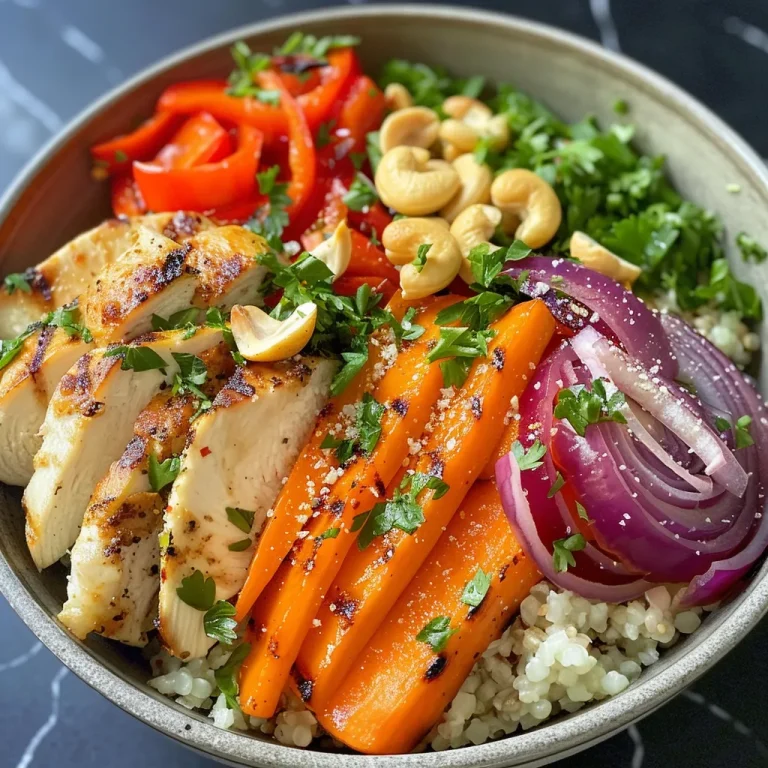 Close-up view of a Millet Bowl featuring grilled chicken and a variety of roasted vegetables.