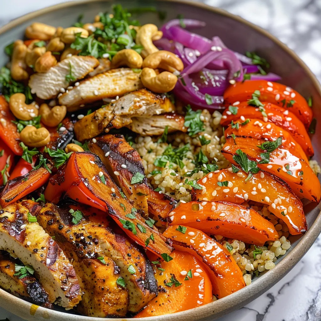 Side view of a vibrant Millet Bowl topped with juicy chicken slices and colorful vegetables.