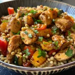 A close-up side view of a Moroccan Mediterranean Chicken Couscous Bowl filled with colorful ingredients.