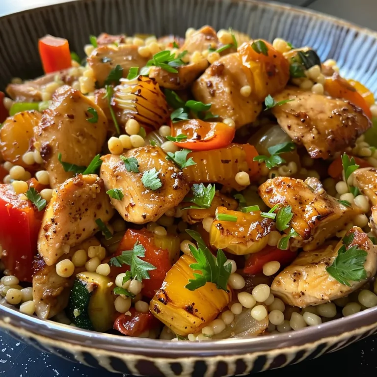 A Hearty Moroccan Mediterranean Chicken Couscous Bowl That Whispers Comfort A close-up side view of a Moroccan Mediterranean Chicken Couscous Bowl filled with colorful ingredients.