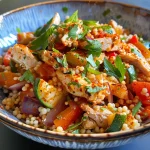 Side view of a colorful Moroccan Mediterranean Chicken Couscous Bowl with chicken and vegetables.