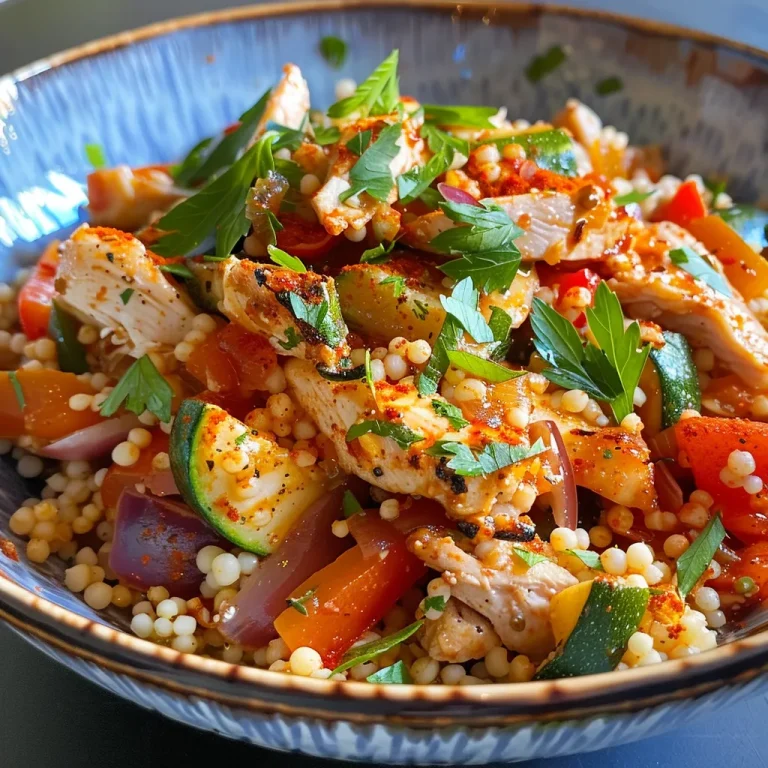 Side view of a colorful Moroccan Mediterranean Chicken Couscous Bowl with chicken and vegetables.