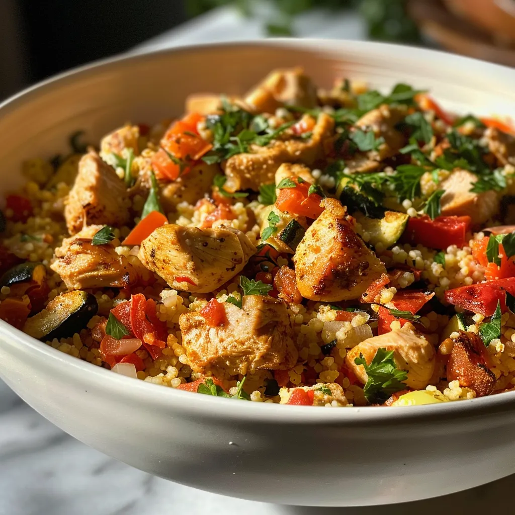 A detailed shot of a bowl featuring Moroccan Chicken with couscous, vegetables, and spices.