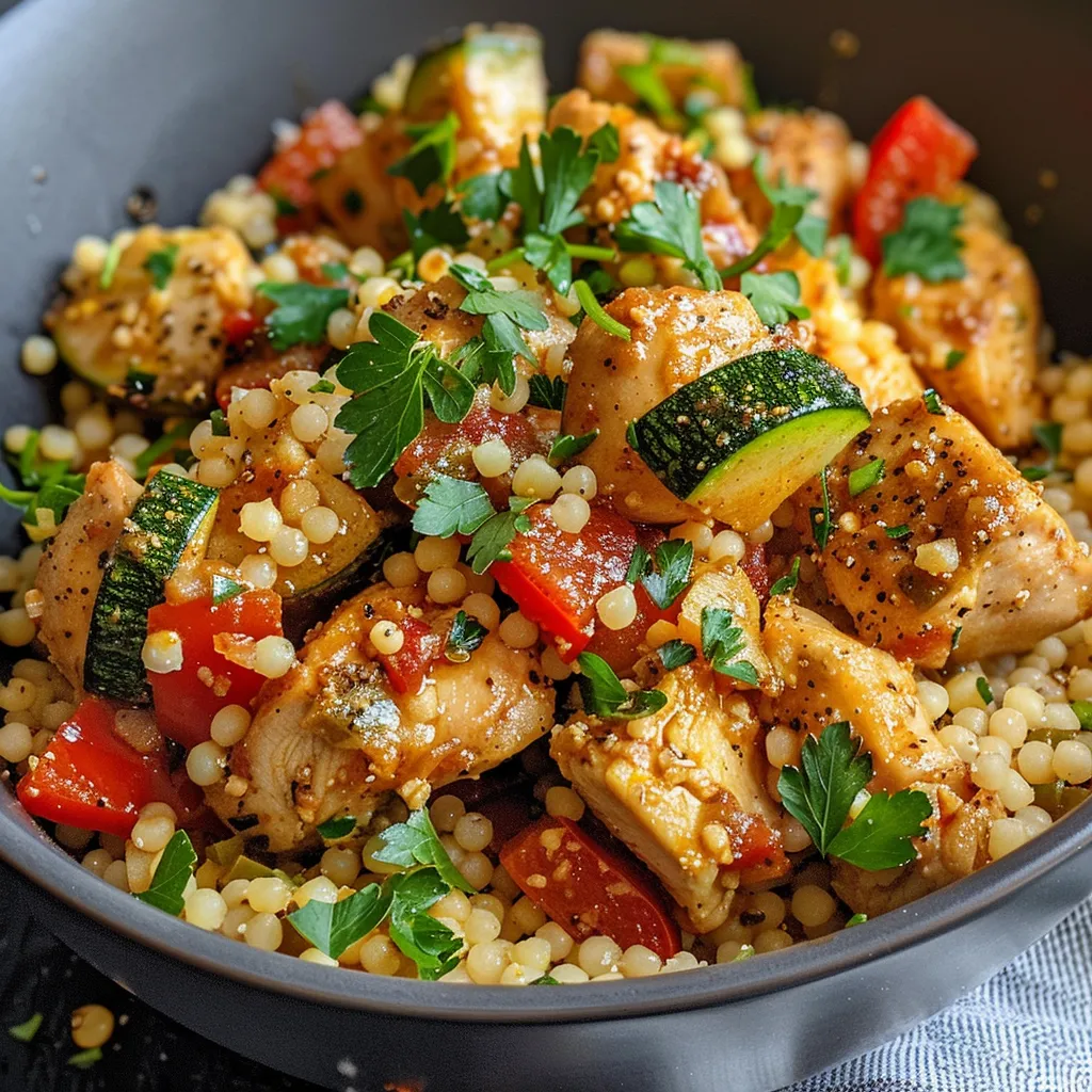 Close-up shot of a vibrant couscous bowl featuring diced chicken, bell peppers, and zucchini.