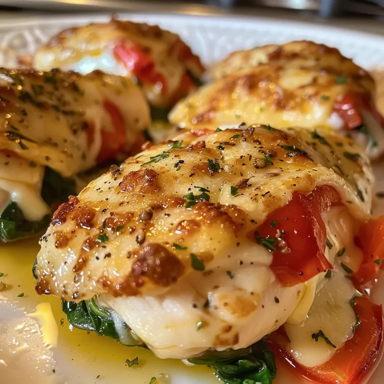 A Heartwarming Mozzarella Stuffed Chicken That Feels Like Home Juicy mozzarella stuffed chicken breast with vibrant roasted red peppers and fresh spinach.
