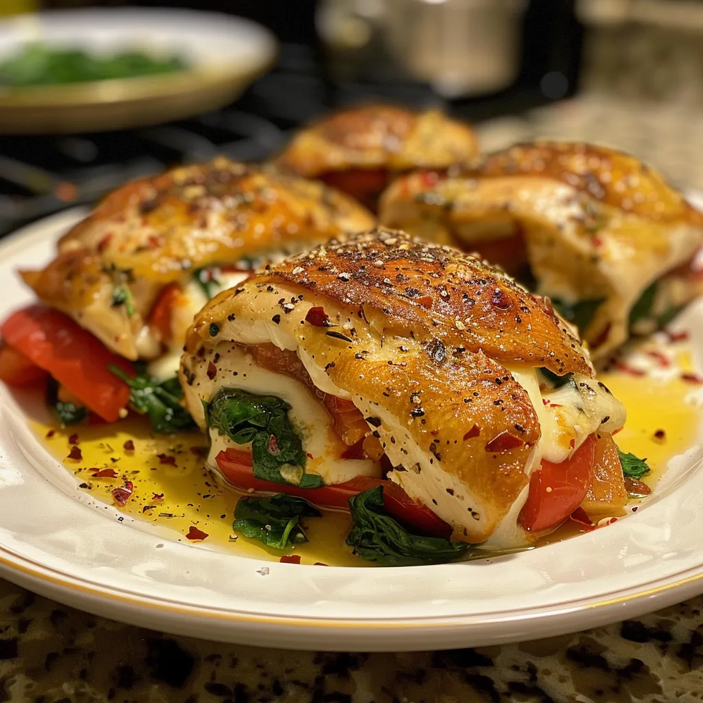 Close-up view of golden-brown mozzarella stuffed chicken, revealing melted cheese and colorful filling.
