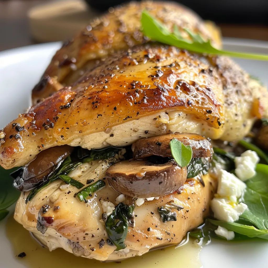 Close-up side view of a freshly cooked Mushroom and Spinach Stuffed Chicken Breast.