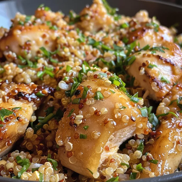 A Hearty One-Pot Garlic Chicken Quinoa That Feels Like Home Close-up side view of a bowl filled with One-Pot Garlic Chicken Quinoa, showcasing juicy chicken pieces and colorful ingredients.