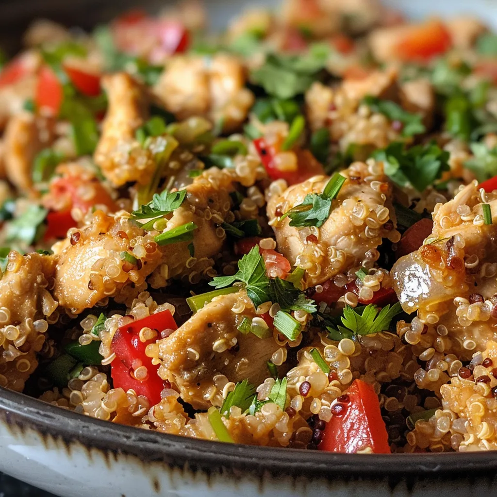 Side view of a hearty dish featuring One-Pot Garlic Chicken Quinoa, emphasizing the texture of the quinoa and the tender chicken.