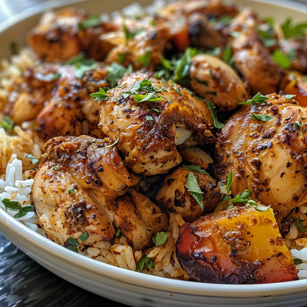 Juicy Shawarma Chicken served over fluffy rice with vibrant bell peppers and diced onion.