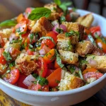 Close-up view of a colorful Panzanella salad featuring croutons, tomatoes, shallots, and basil.
