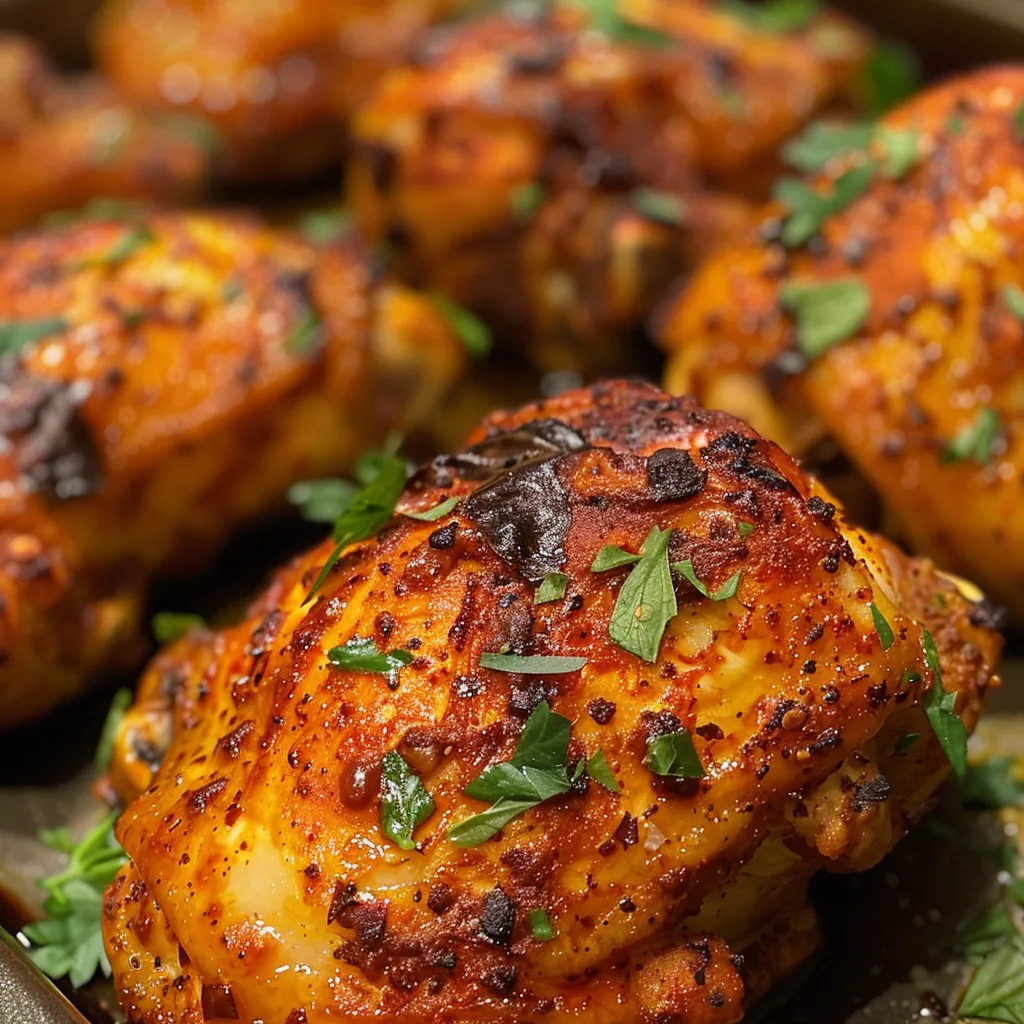 Close-up view of golden-brown chicken thighs seasoned with paprika, showing crispy skin.