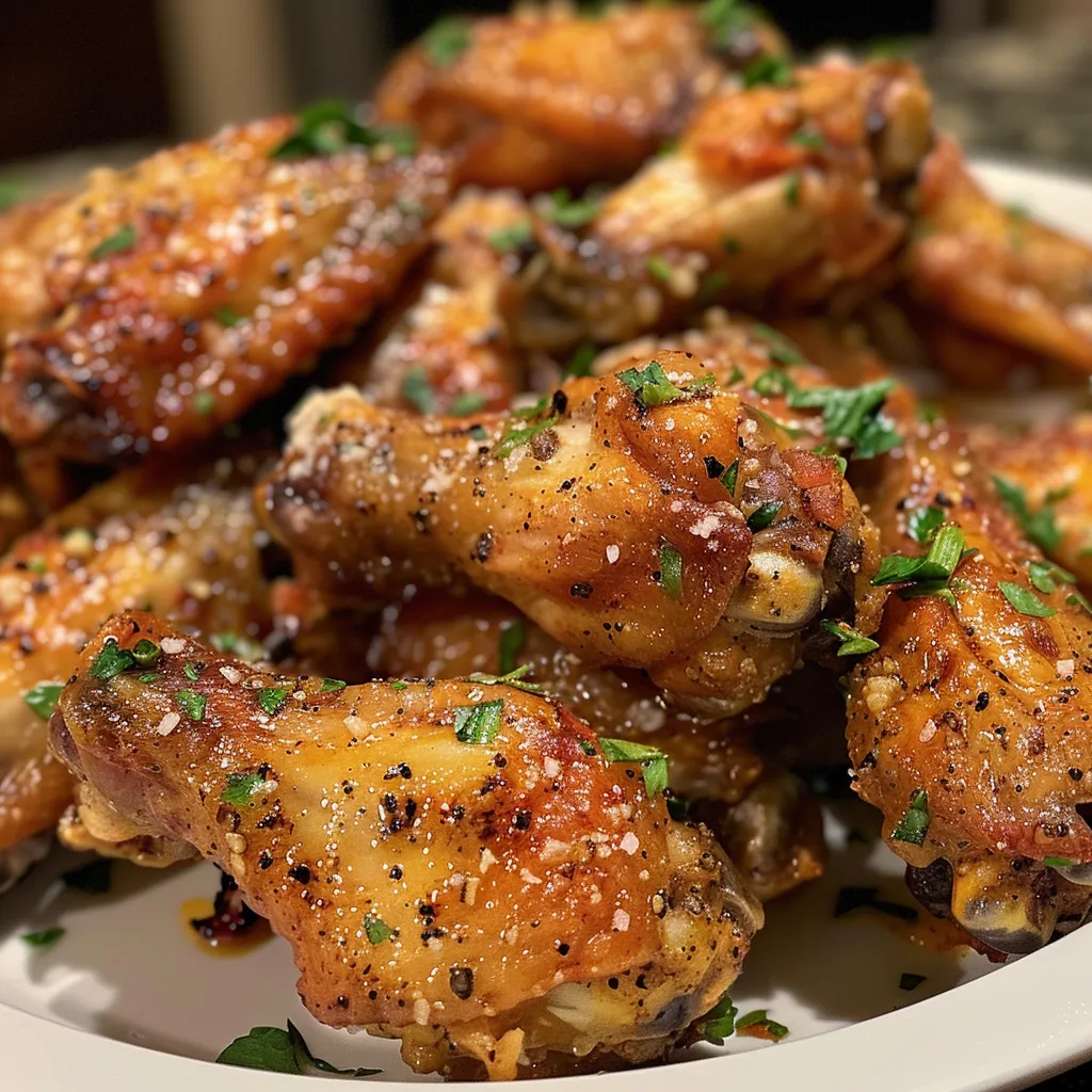 Side view of beautifully cooked Parmesan chicken wings on a plate.