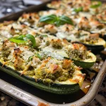 Close-up of pesto chicken stuffed zucchini boats topped with melted cheese.