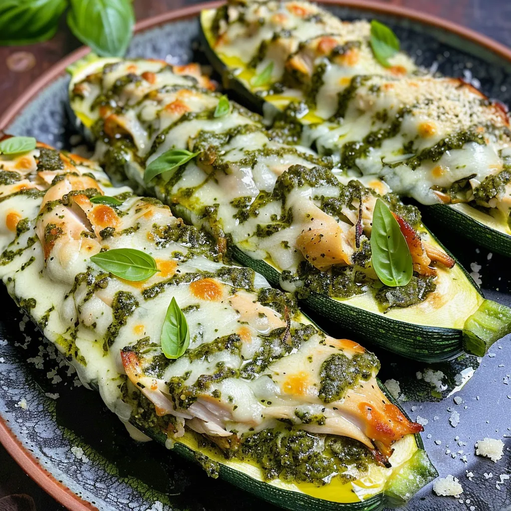 Side view of zucchini boats filled with shredded chicken and pesto, garnished with basil.