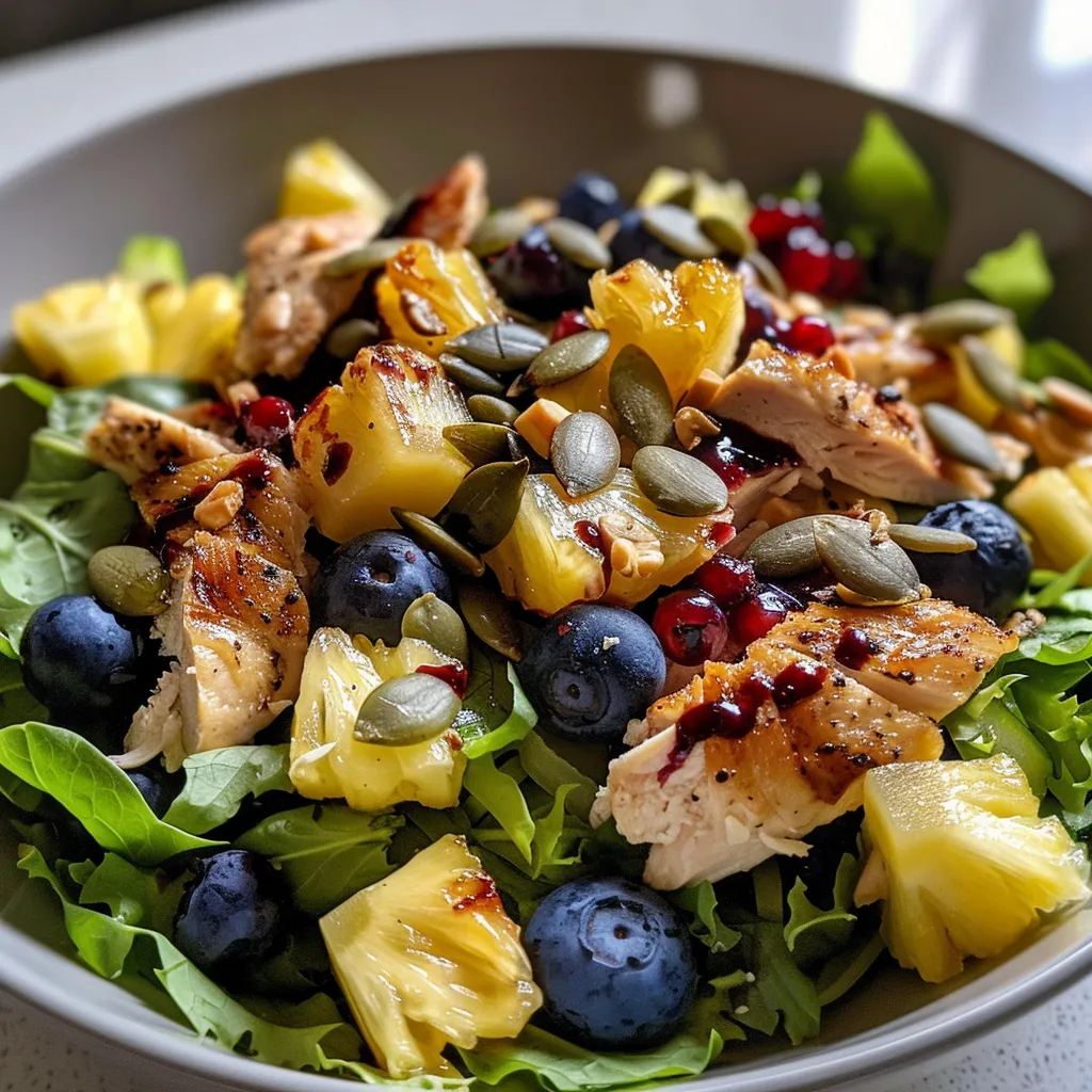 Close-up of a vibrant salad featuring diced pineapple, blueberries, and grilled chicken.