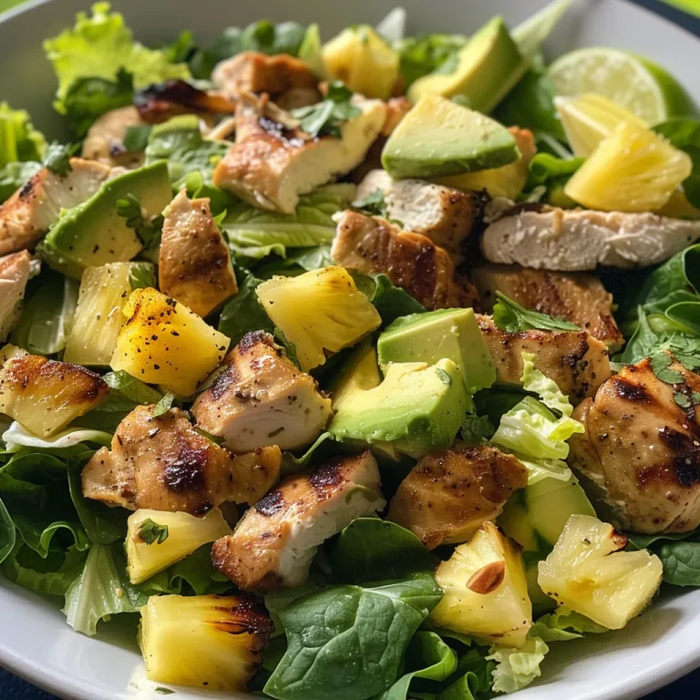 A Tropical Twist on Comfort Pineapple Chicken Salad with Avocado Close-up of a colorful Pineapple Chicken Salad with Avocado, showcasing fresh ingredients.