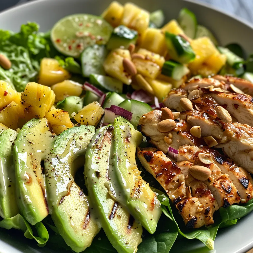 Side view of a vibrant Pineapple Chicken Salad featuring avocado slices and lettuce.